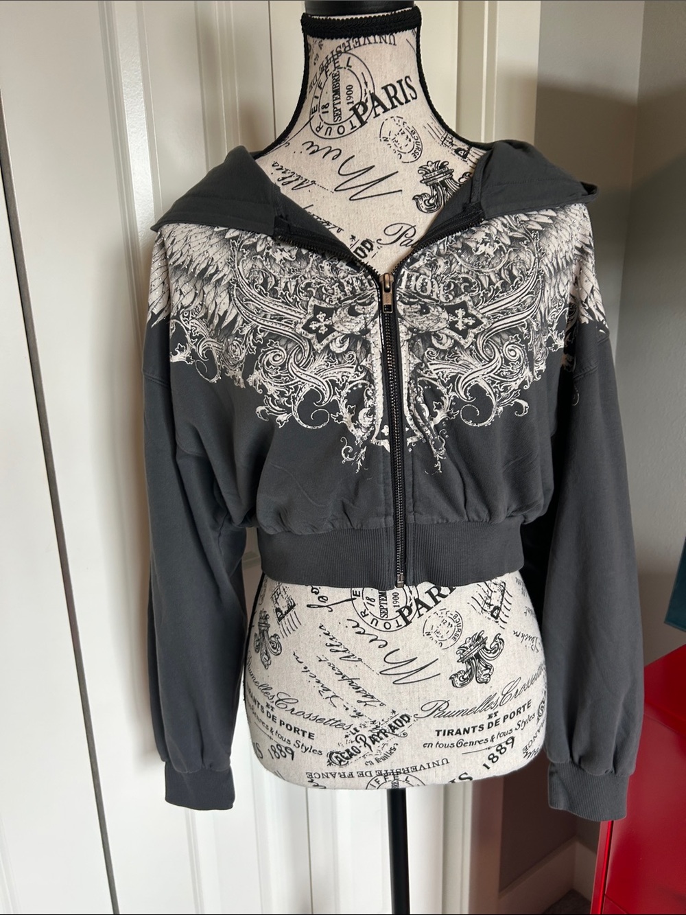 NWT Gray Graphic Zip Hoodie with White Wing Print with Rhinestones